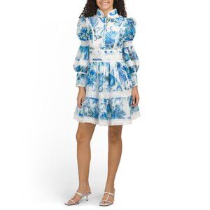 DALIA MACPHEE Blue Multi Long Sleeve Lace Trim Mini Dress